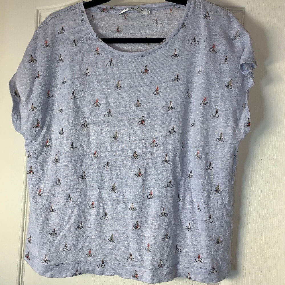 Contemporaine Simons Bicycle Print Tee XXL Light Blue Casual Summer Top Linen